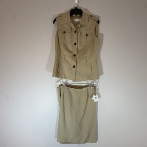 Calvin Klein Khaki Linen Skirt Suit Sz 8 Office Utility Chic Travel Resort VTG